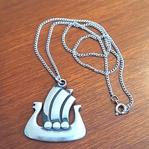 Vintage Rune Tennesmed Pewter Viking Ship Necklace
